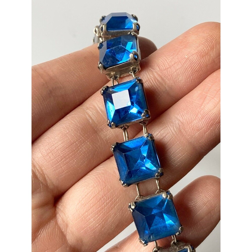 Vintage Art Deco sterling silver square blue glass Bracelet